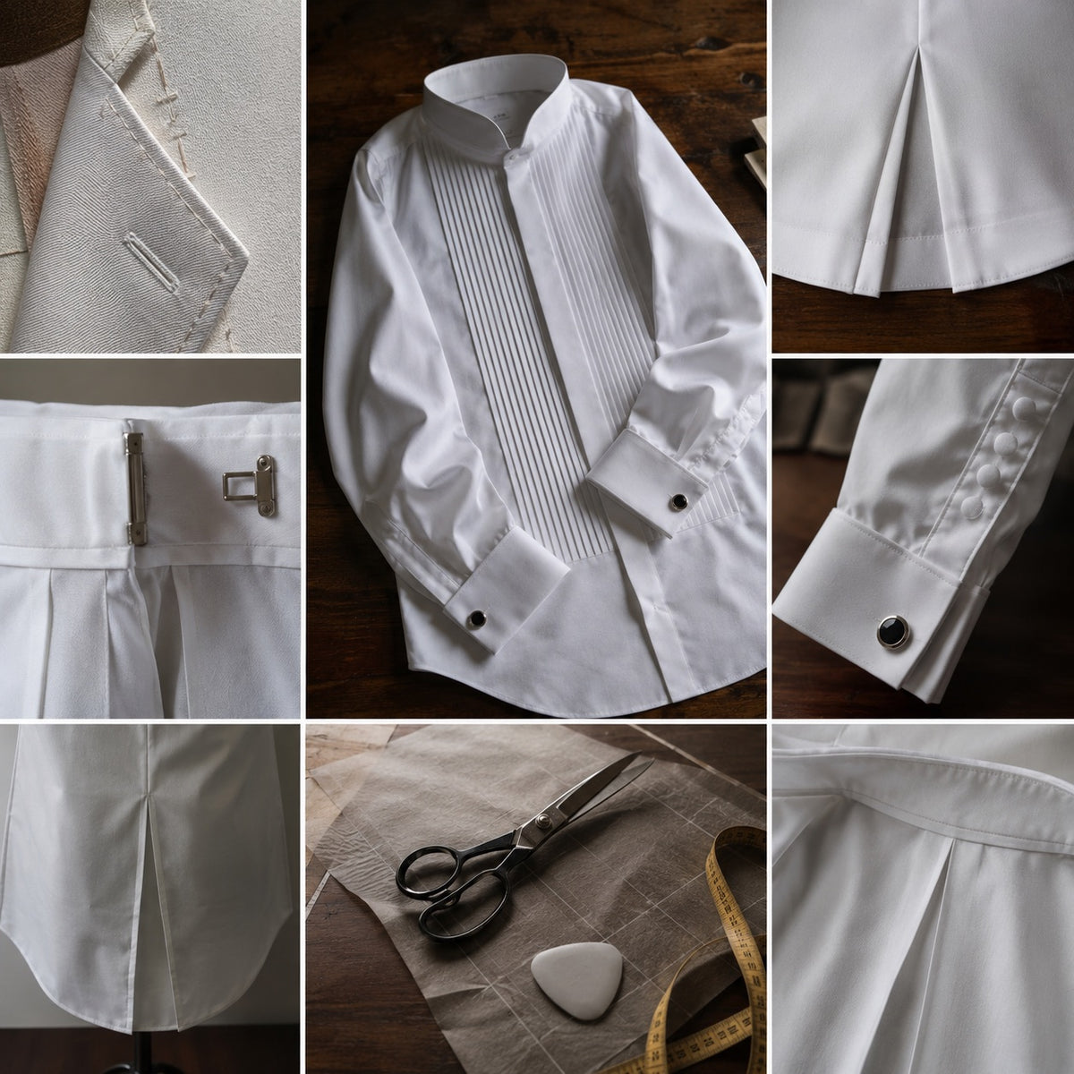 Holborn pleated-bib evening shirt — Tailored Shirts by CROWN TAILORING. close detail of the fabric and finish.