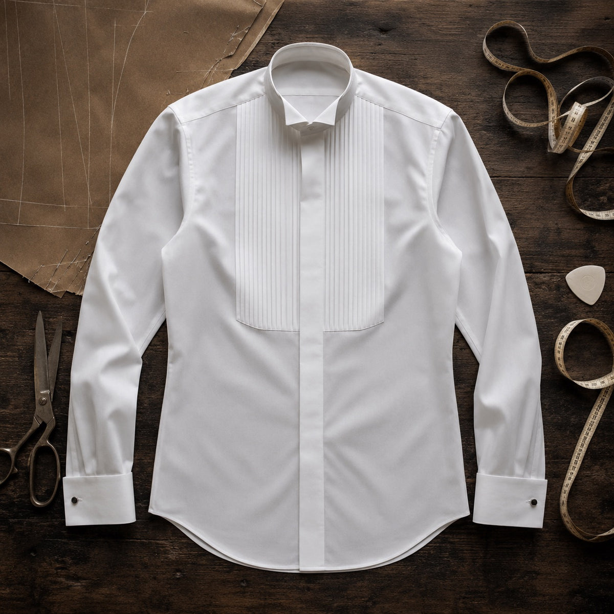 Holborn pleated-bib evening shirt — Tailored Shirts by CROWN TAILORING. flat lay, front.