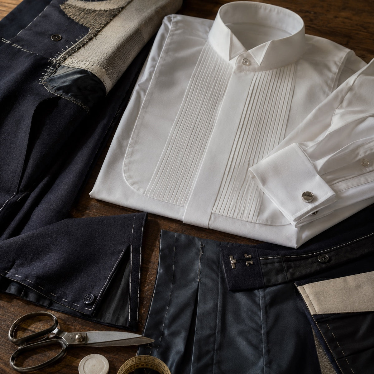 Dartmoor pleated-bib evening shirt — Tailored Shirts by CROWN TAILORING. close detail of the fabric and finish.
