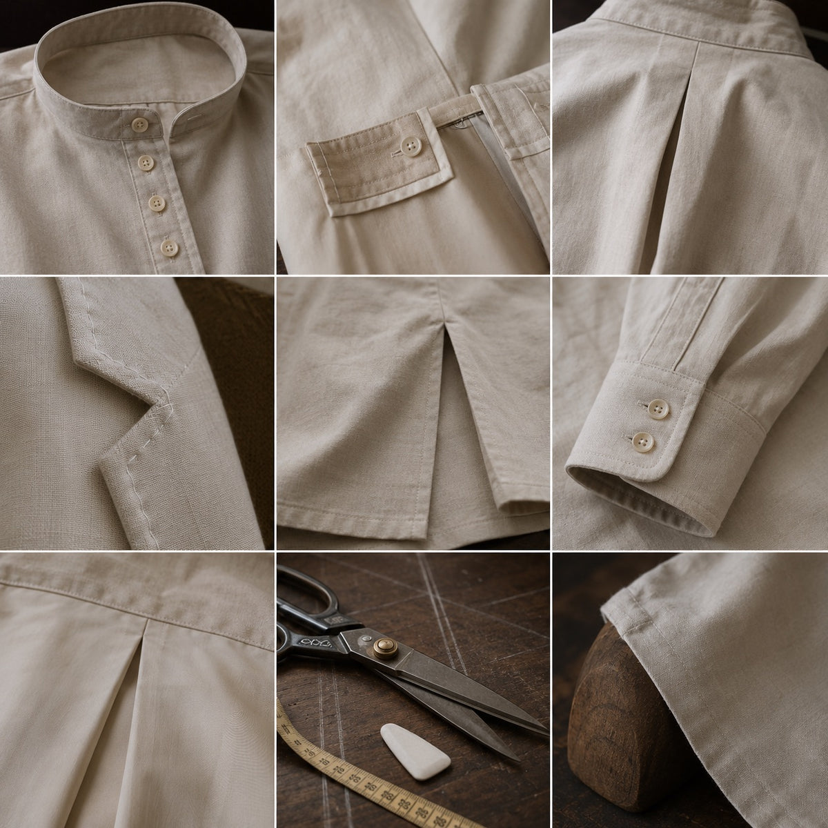 Holborn grandad-collar tailored shirt — Tailored Shirts by CROWN TAILORING. close detail of the fabric and finish.