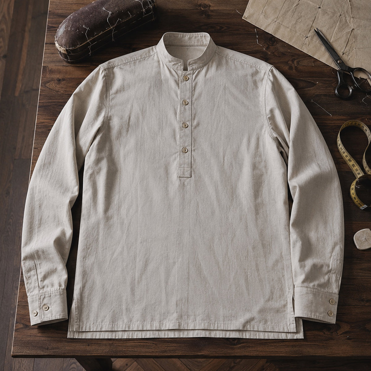 Holborn grandad-collar tailored shirt — Tailored Shirts by CROWN TAILORING. flat lay, front.