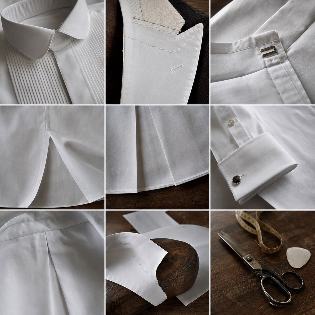 Fitzrovia pleated-bib evening shirt — Tailored Shirts by CROWN TAILORING. close detail of the fabric and finish.