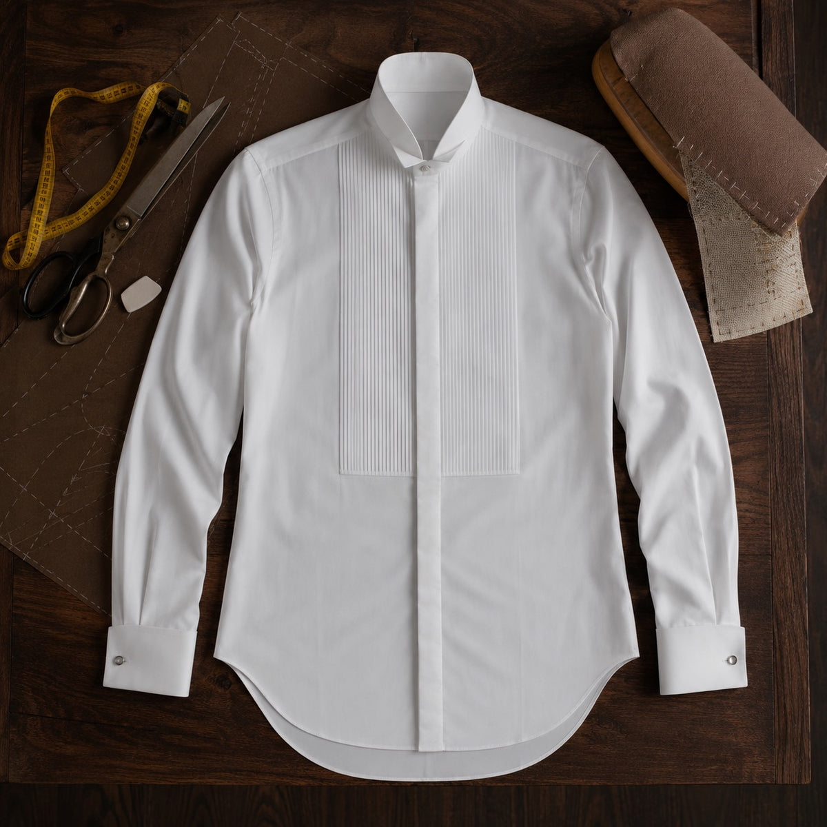 Fitzrovia pleated-bib evening shirt — Tailored Shirts by CROWN TAILORING. flat lay, front.