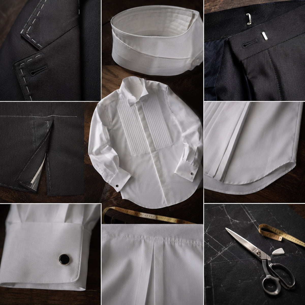 Clerkenwell pleated-bib evening shirt — Tailored Shirts by CROWN TAILORING. close detail of the fabric and finish.