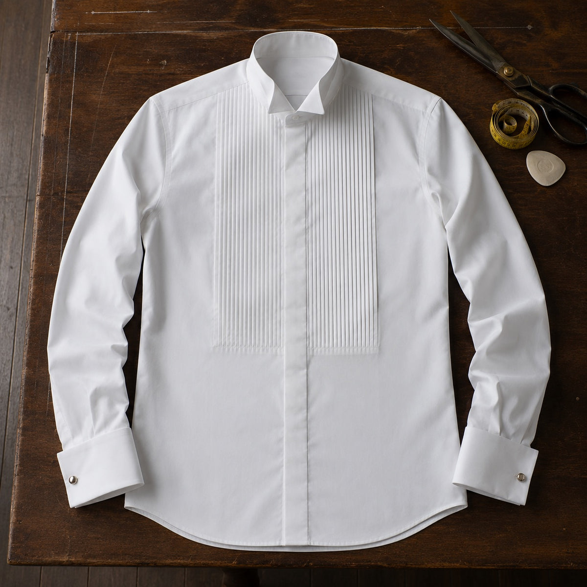 Clerkenwell pleated-bib evening shirt — Tailored Shirts by CROWN TAILORING. flat lay, front.