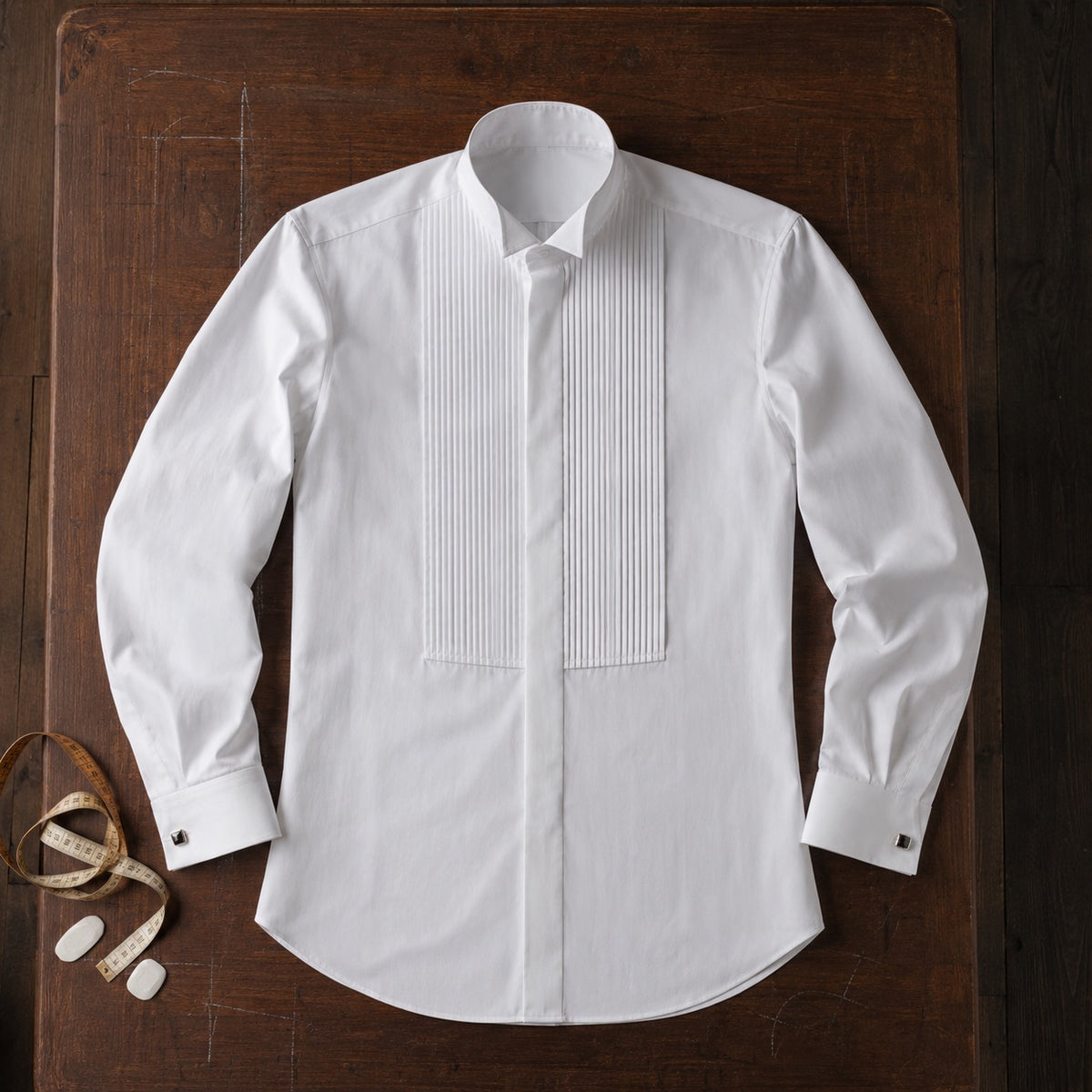 Marylebone pleated-bib evening shirt — Tailored Shirts by CROWN TAILORING. flat lay, front.