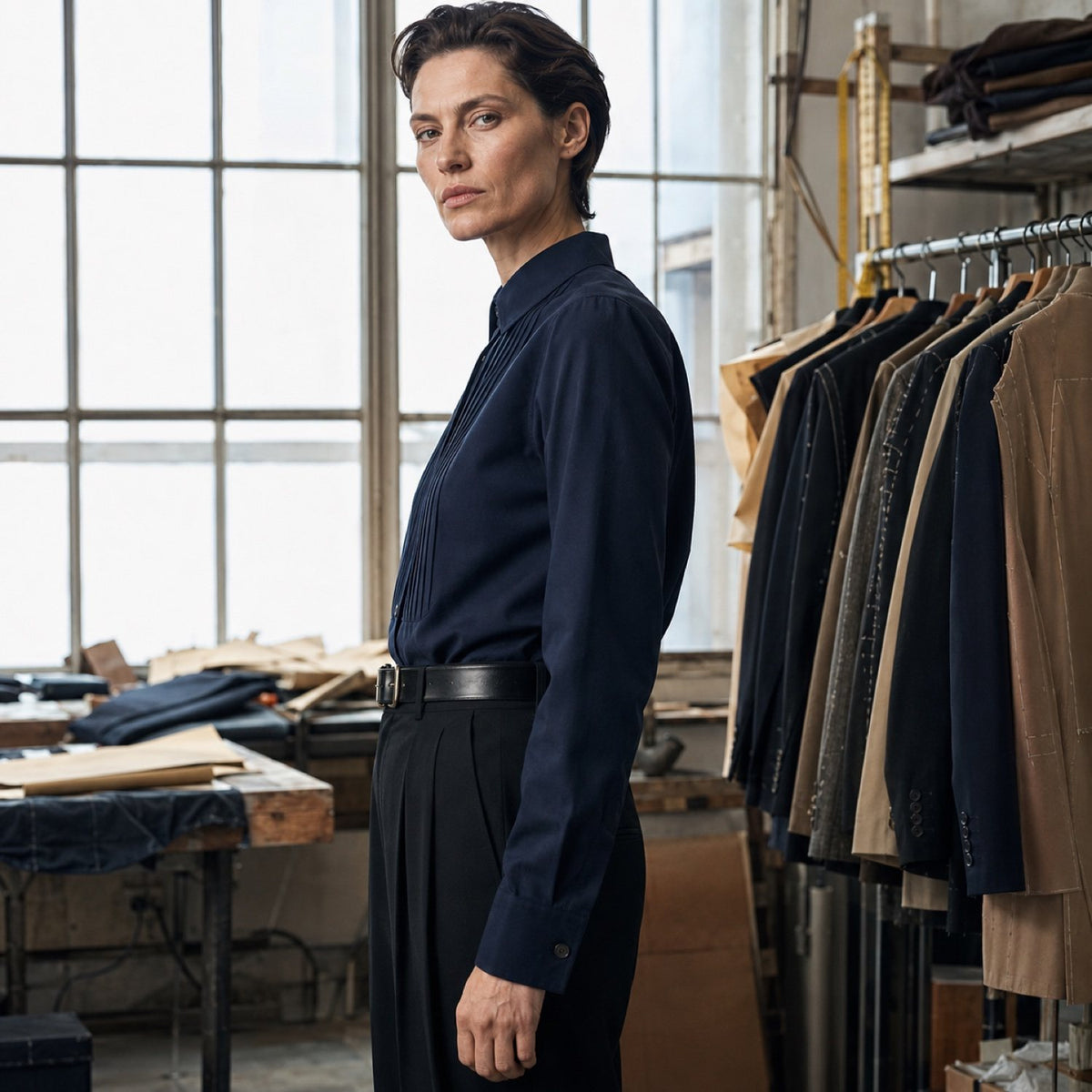 Marylebone pleated-bib evening shirt — Tailored Shirts by CROWN TAILORING. shown on the model from the side.