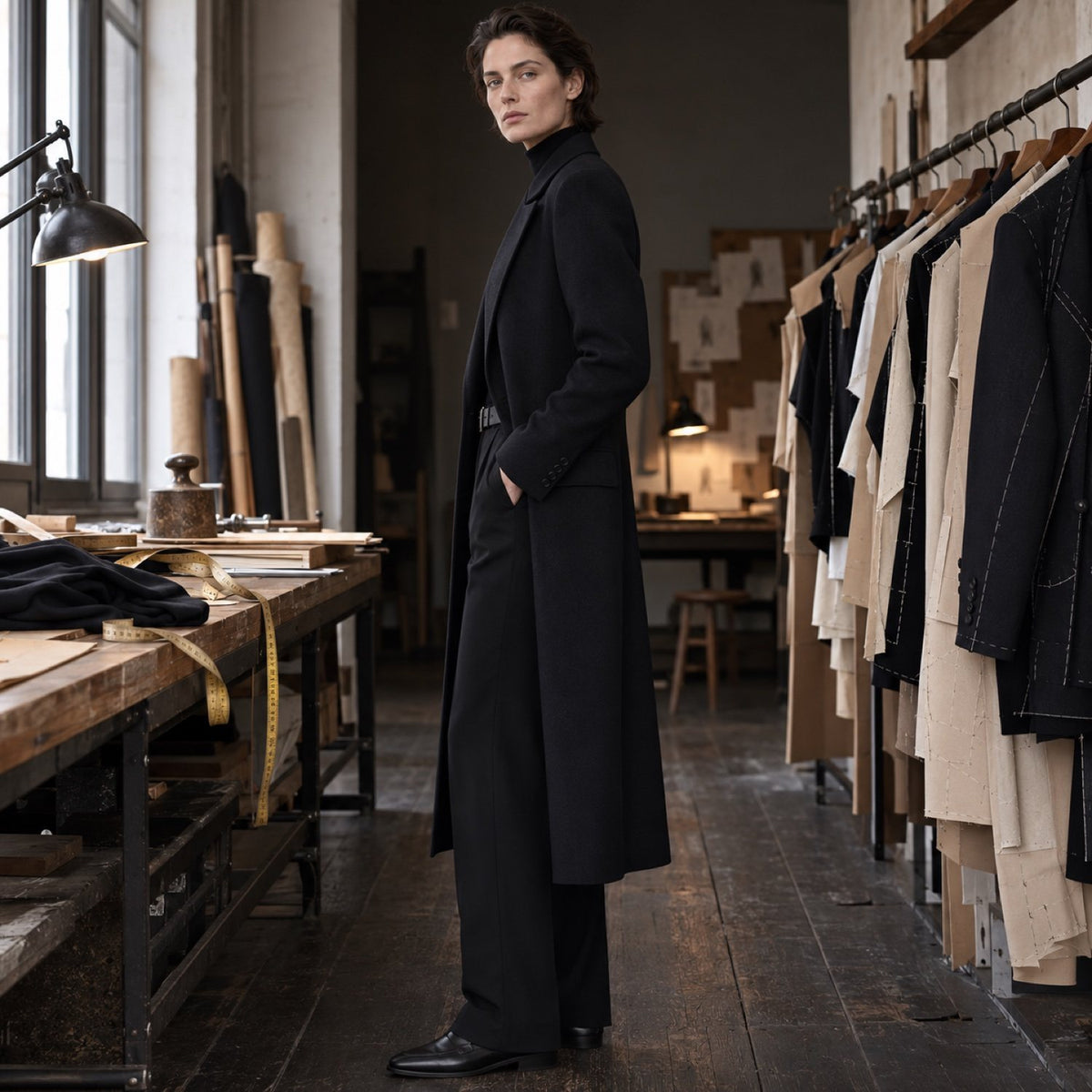 Marchmont long-line tailored coat jacket — Suit Jackets by CROWN TAILORING. shown on the model from the side.