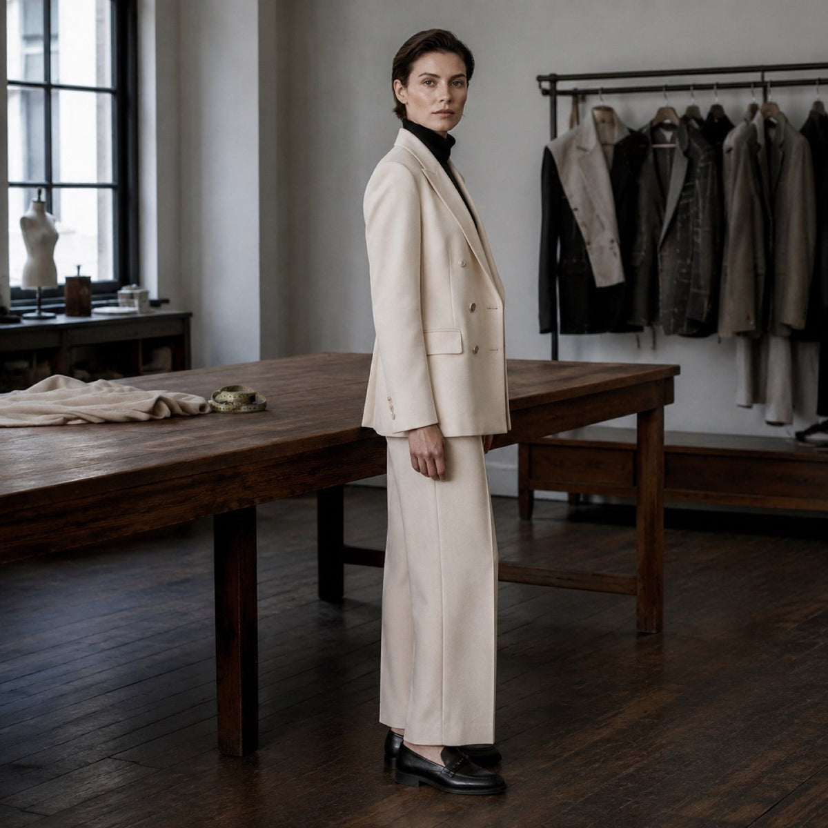 Shoreditch double-breasted suit jacket — Suit Jackets by CROWN TAILORING. shown on the model from the side.