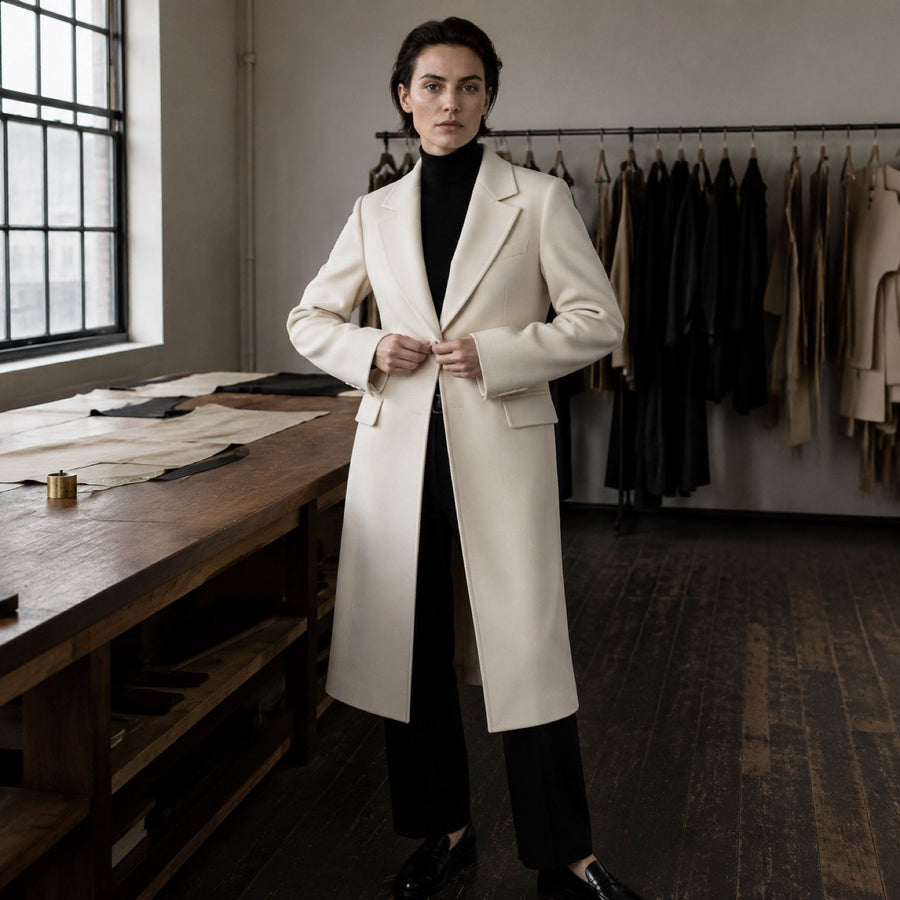 Percival long-line tailored coat jacket — Suit Jackets by CROWN TAILORING. shown worn.