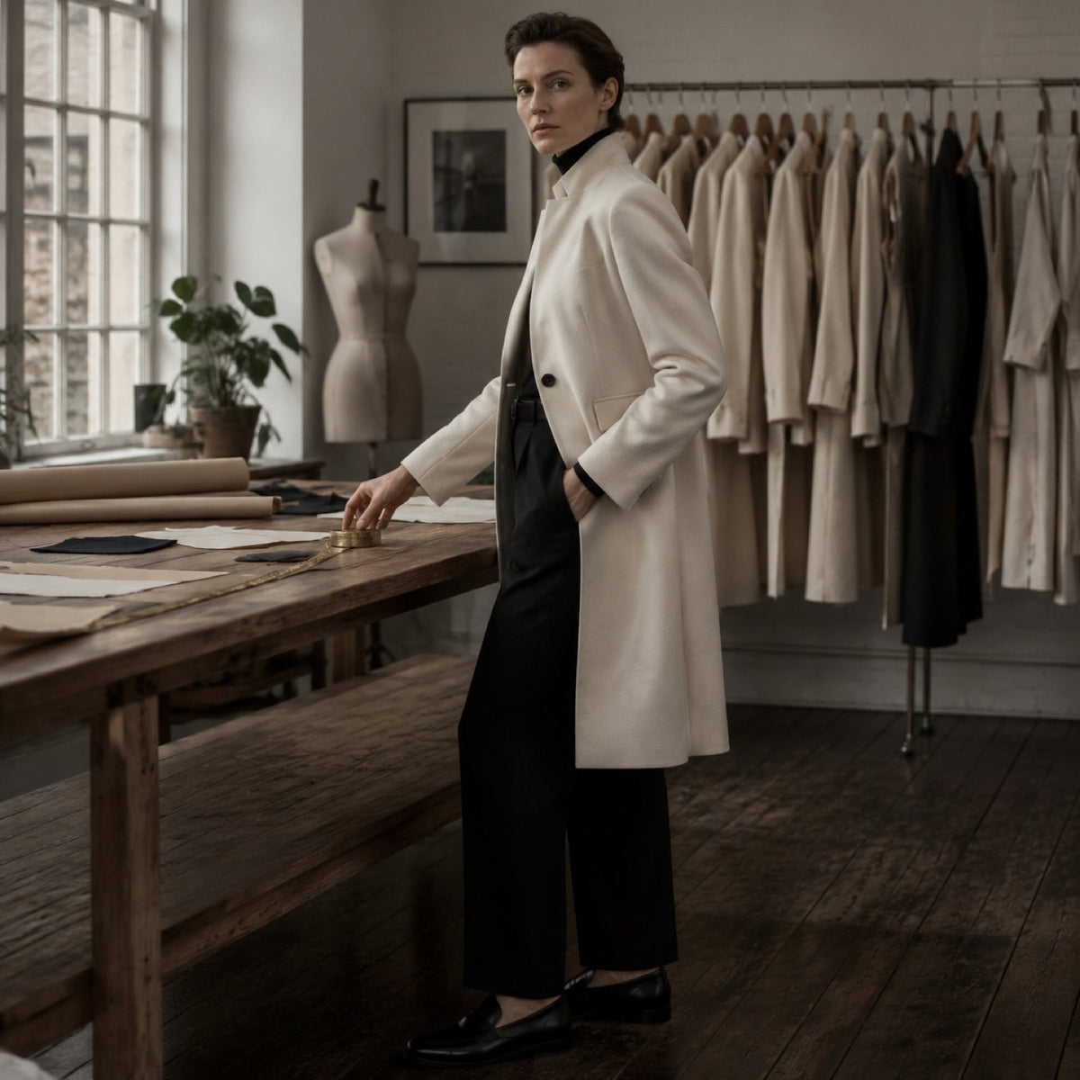 Percival long-line tailored coat jacket — Suit Jackets by CROWN TAILORING. shown on the model from the side.