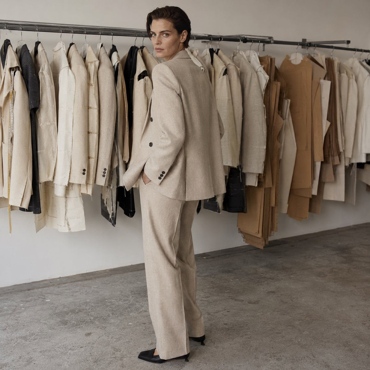 Ashdown double-breasted suit jacket — Suit Jackets by CROWN TAILORING. shown on the model from the side.
