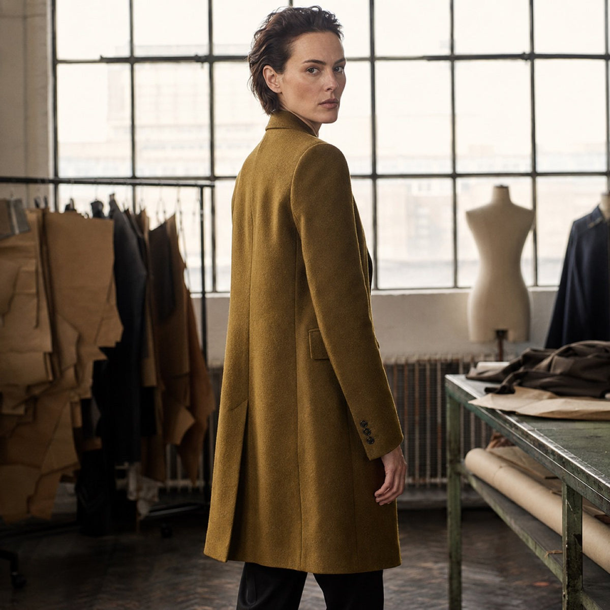 Bracken long-line tailored coat jacket — Suit Jackets by CROWN TAILORING. shown on the model from the side.