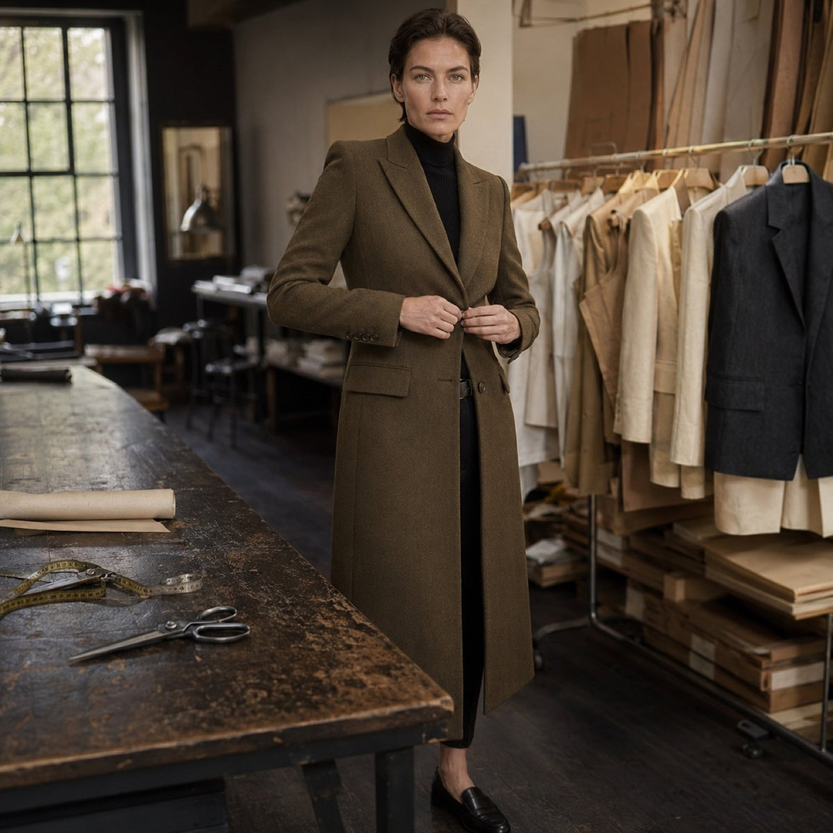 Guilford long-line tailored coat jacket — Suit Jackets by CROWN TAILORING. shown worn.