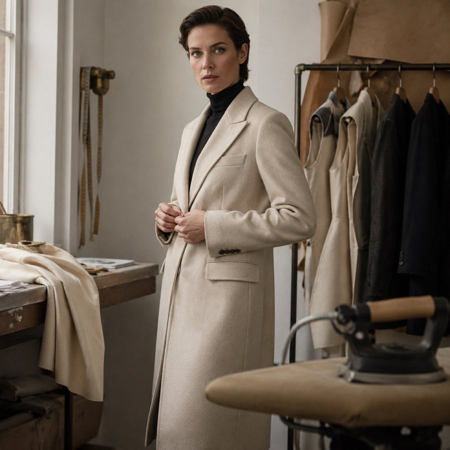 Sloe long-line tailored coat jacket — Suit Jackets by CROWN TAILORING. shown worn.