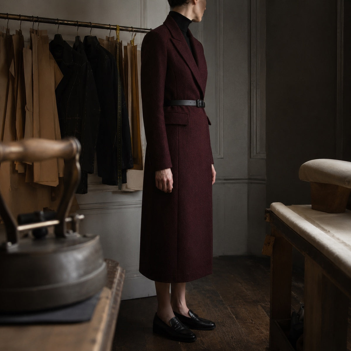 Dartmoor long-line tailored coat jacket — Suit Jackets by CROWN TAILORING. shown on the model from the side.