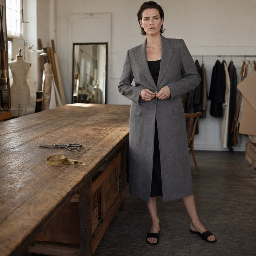Cavendish long-line tailored coat jacket — Suit Jackets by CROWN TAILORING. shown worn.