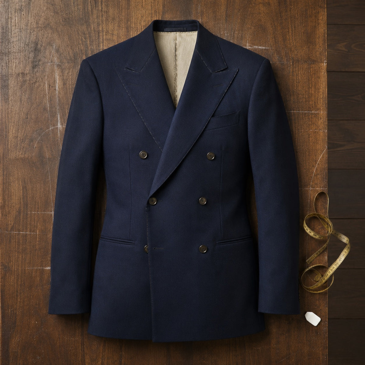 Belgravia double-breasted suit jacket — Suit Jackets by CROWN TAILORING. flat lay, front.