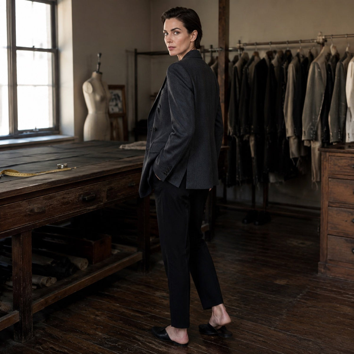 Belgravia double-breasted suit jacket — Suit Jackets by CROWN TAILORING. shown on the model from the side.