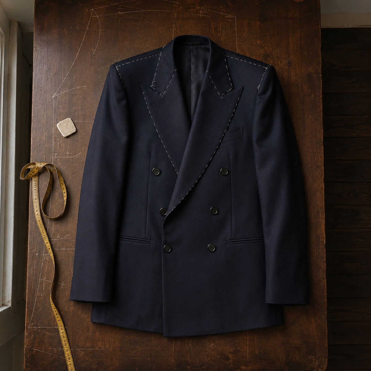 Percival double-breasted suit jacket — Suit Jackets by CROWN TAILORING. flat lay, front.