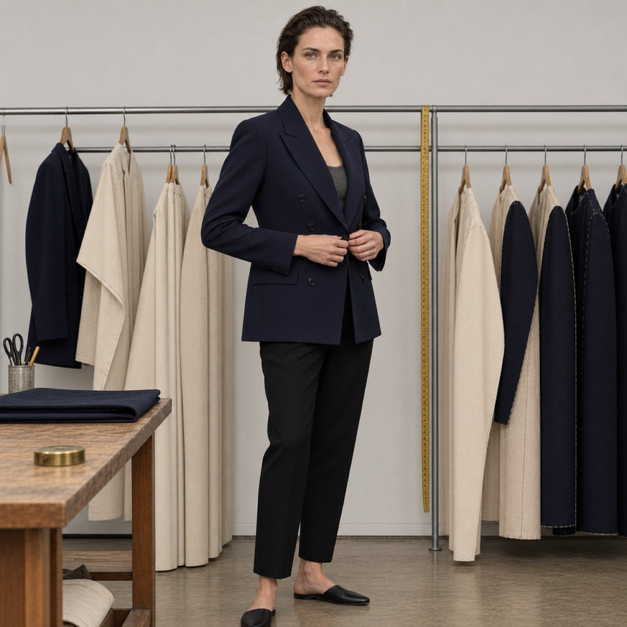 Percival double-breasted suit jacket — Suit Jackets by CROWN TAILORING. shown worn.