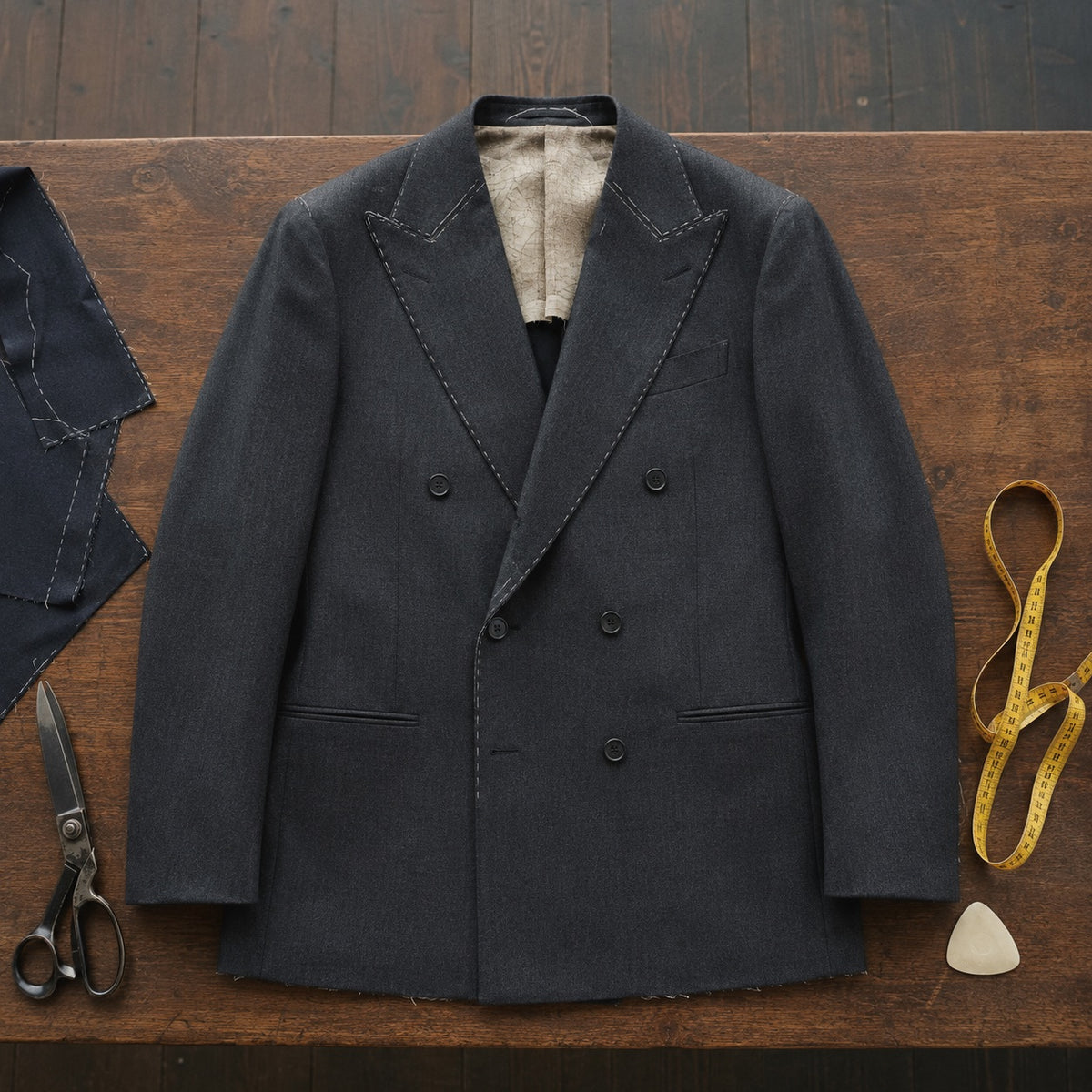 Guilford double-breasted suit jacket — Suit Jackets by CROWN TAILORING. flat lay, front.