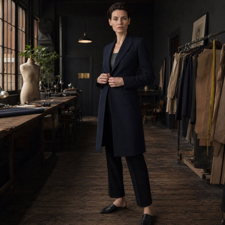 Chiltern long-line tailored coat jacket — Suit Jackets by CROWN TAILORING. shown worn.