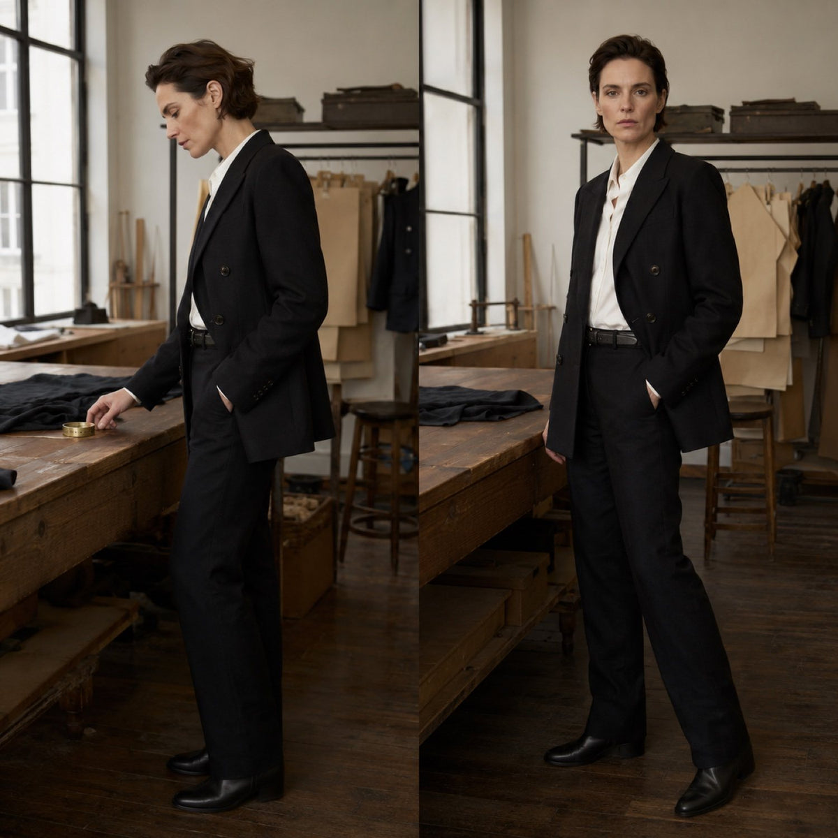 Severn double-breasted suit jacket — Suit Jackets by CROWN TAILORING. shown on the model from the side.