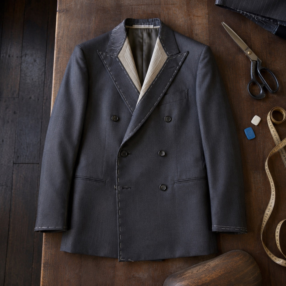 Sloe double-breasted suit jacket — Suit Jackets by CROWN TAILORING. flat lay, front.