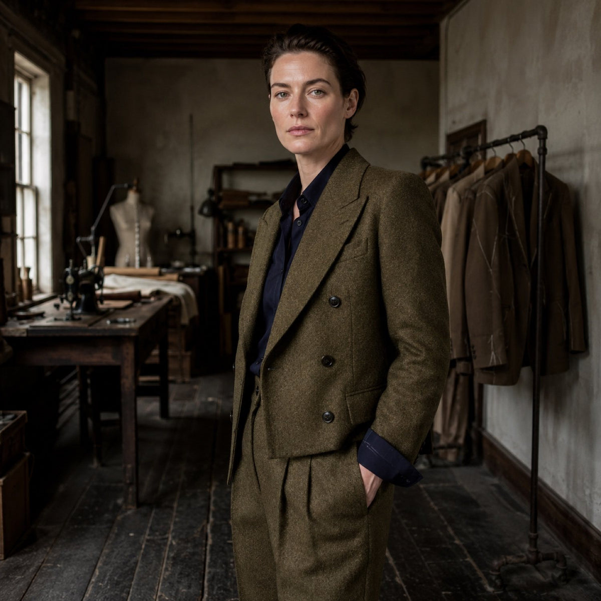 Sloe double-breasted suit jacket — Suit Jackets by CROWN TAILORING. shown worn.