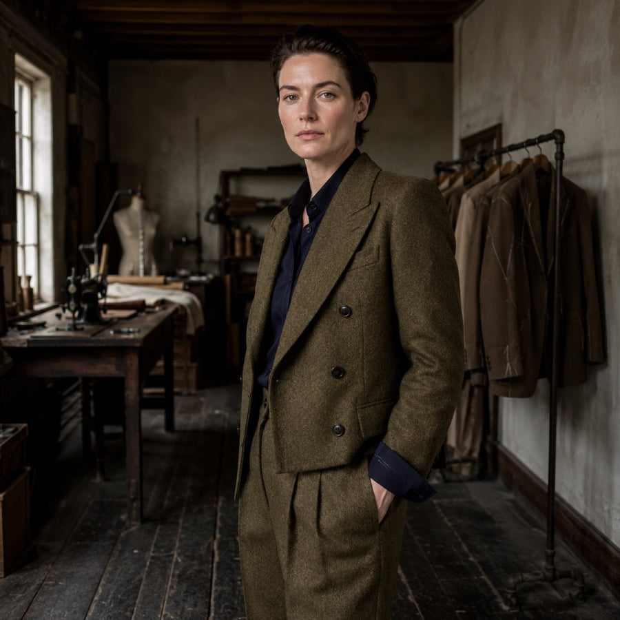 Sloe double-breasted suit jacket — Suit Jackets by CROWN TAILORING. shown worn.