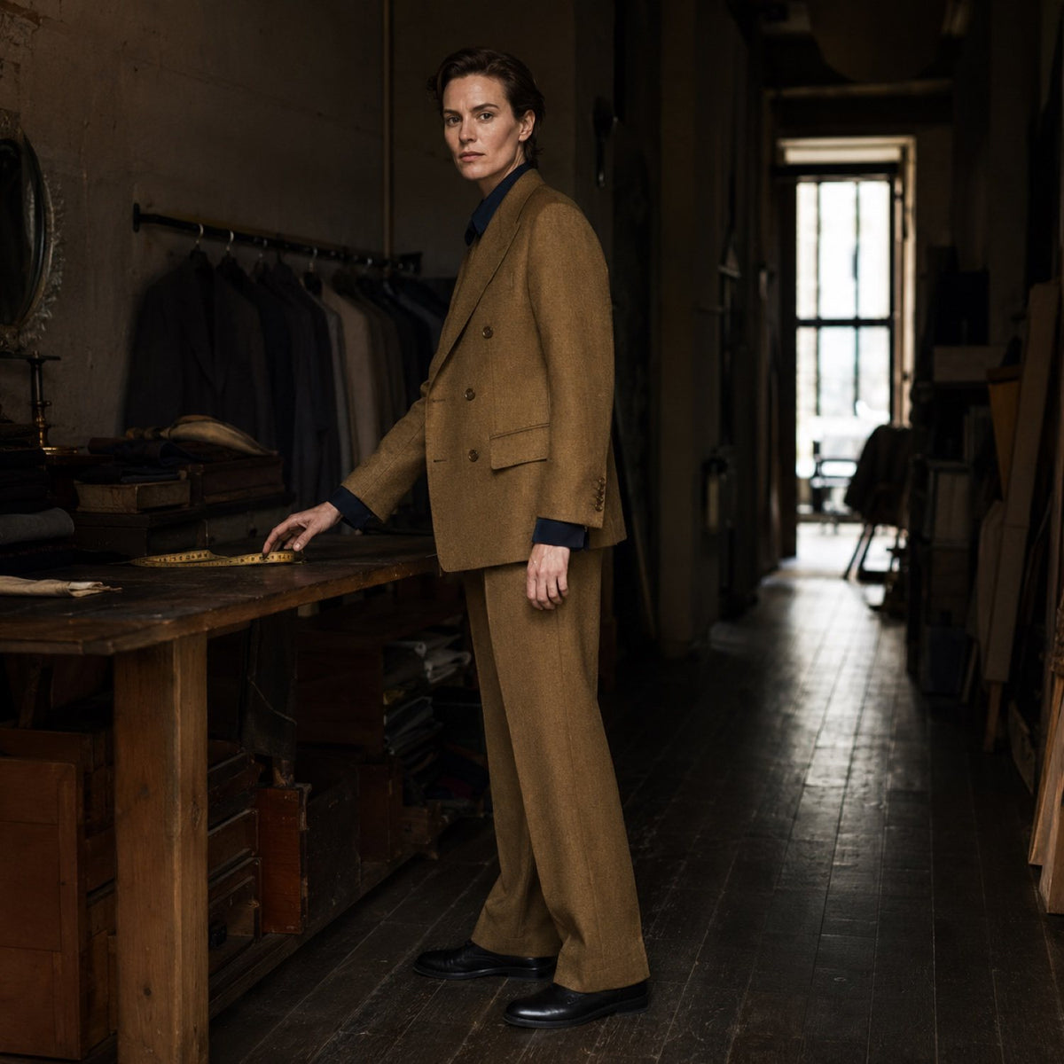 Sloe double-breasted suit jacket — Suit Jackets by CROWN TAILORING. shown on the model from the side.