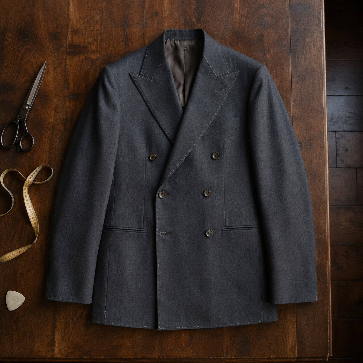 Cavendish double-breasted suit jacket — Suit Jackets by CROWN TAILORING. flat lay, front.