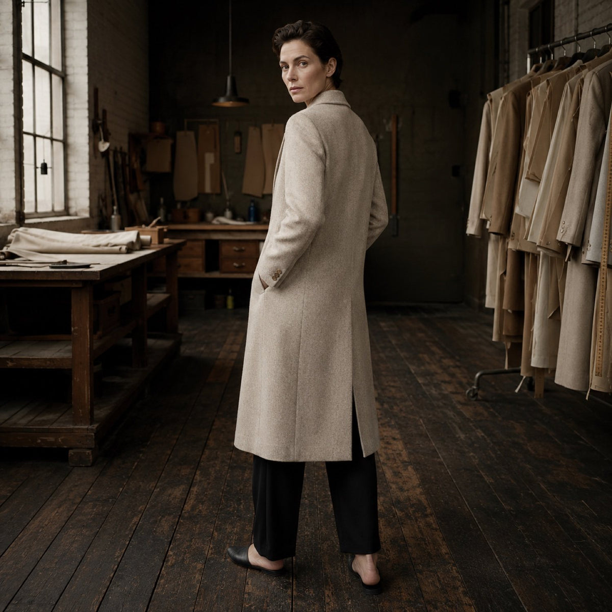 Pimlico long-line tailored coat jacket — Suit Jackets by CROWN TAILORING. shown on the model from the side.