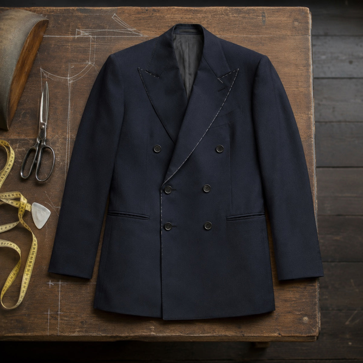 Dartmoor double-breasted suit jacket — Suit Jackets by CROWN TAILORING. flat lay, front.