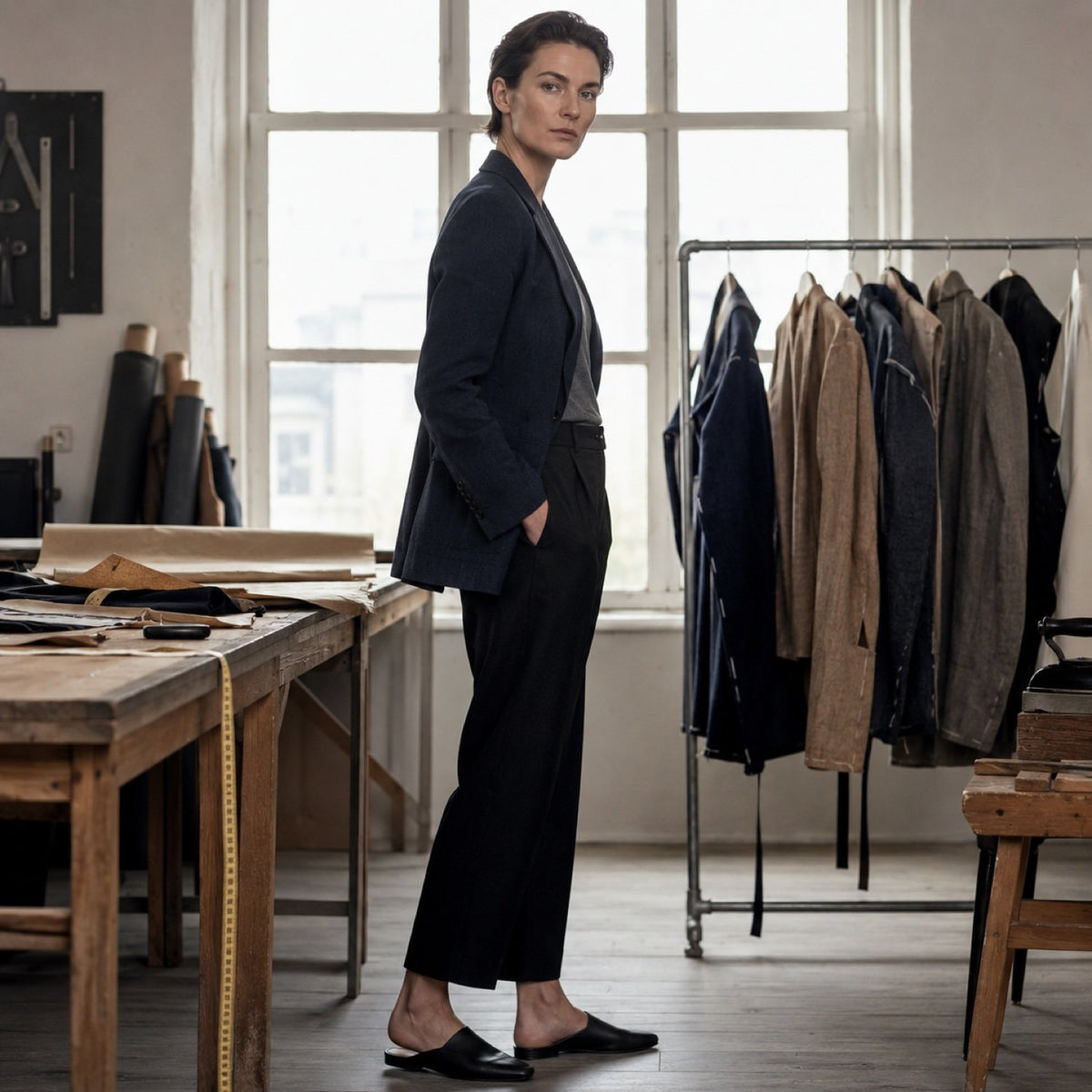 Clerkenwell single-breasted suit jacket — Suit Jackets by CROWN TAILORING. shown on the model from the side.