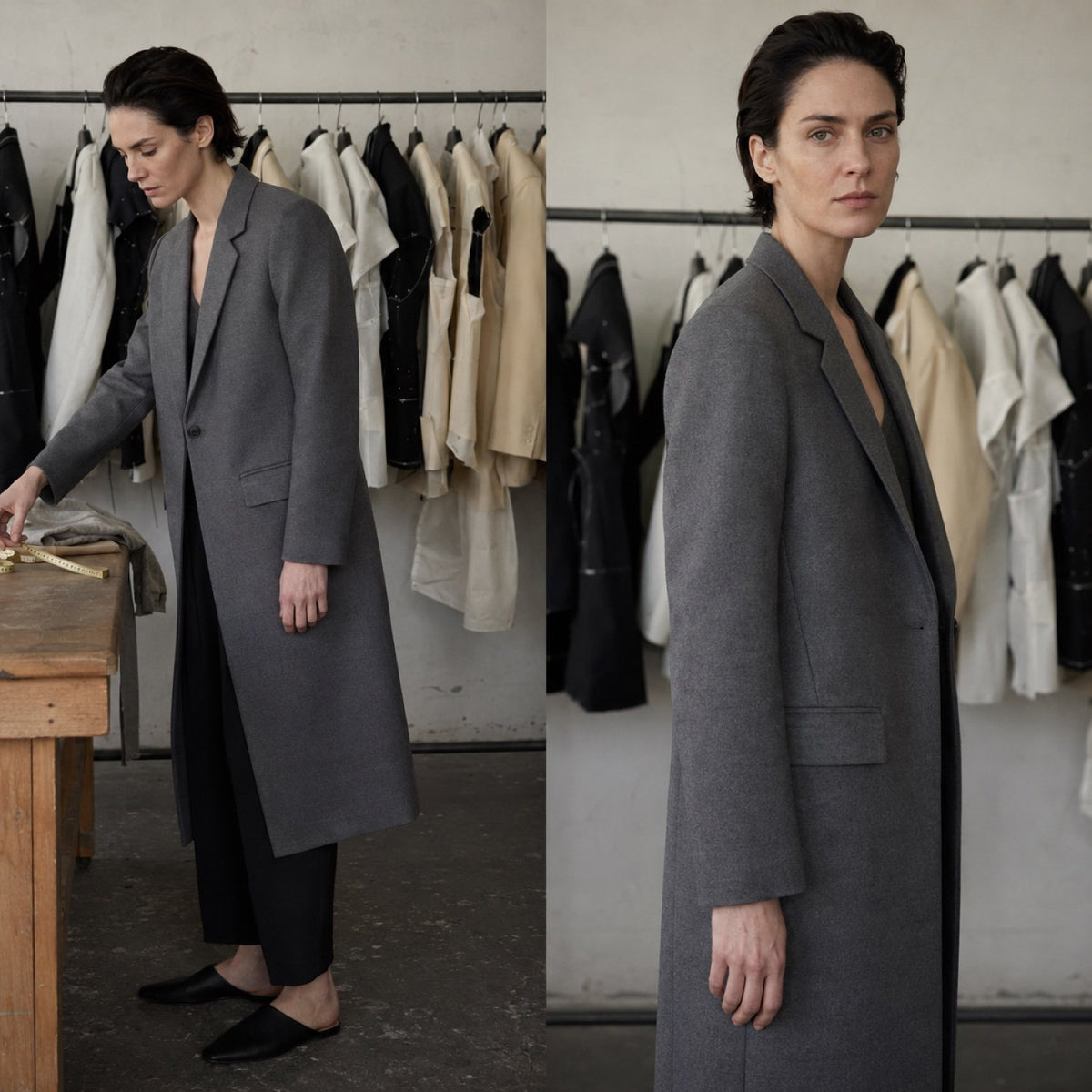 Bloomsbury long-line tailored coat jacket — Suit Jackets by CROWN TAILORING. shown on the model from the side.