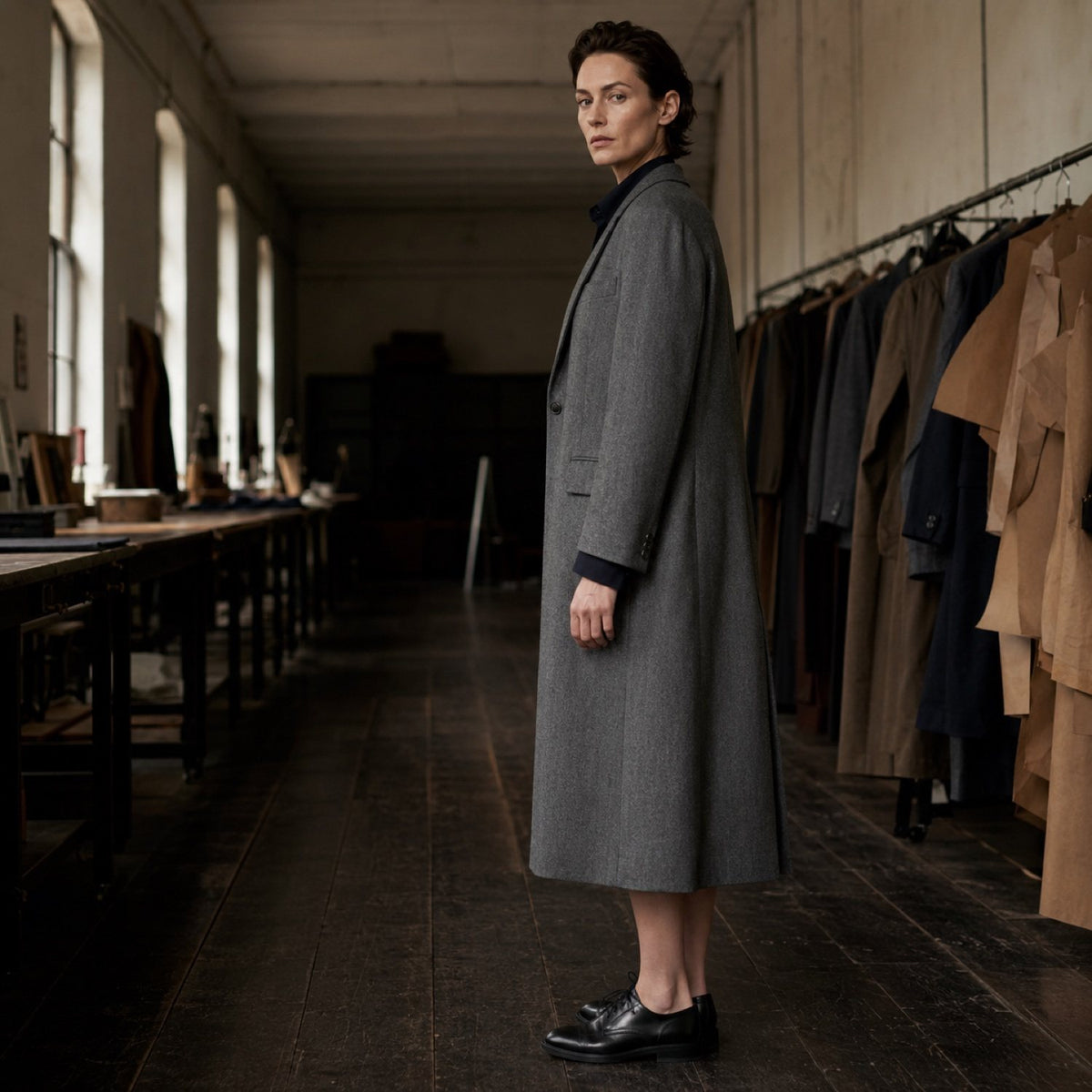 Clerkenwell long-line tailored coat jacket — Suit Jackets by CROWN TAILORING. shown on the model from the side.