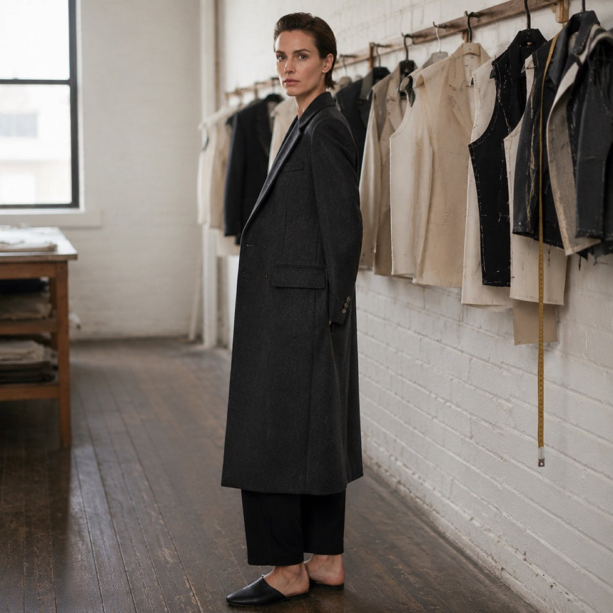 Marylebone long-line tailored coat jacket — Suit Jackets by CROWN TAILORING. shown on the model from the side.