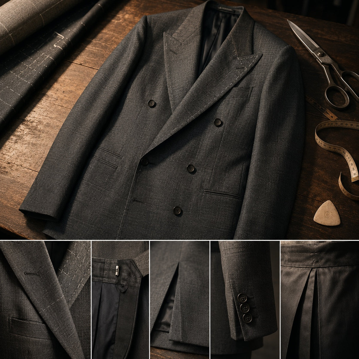 Fitzrovia double-breasted suit jacket — Suit Jackets by CROWN TAILORING. close detail of the fabric and finish.