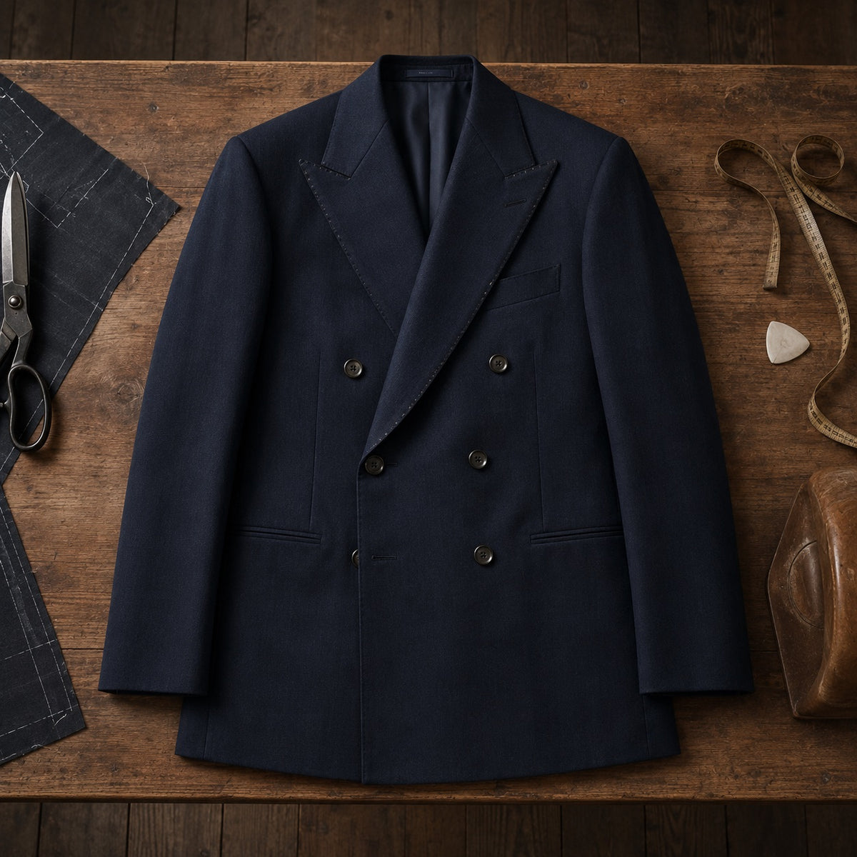Fitzrovia double-breasted suit jacket — Suit Jackets by CROWN TAILORING. flat lay, front.