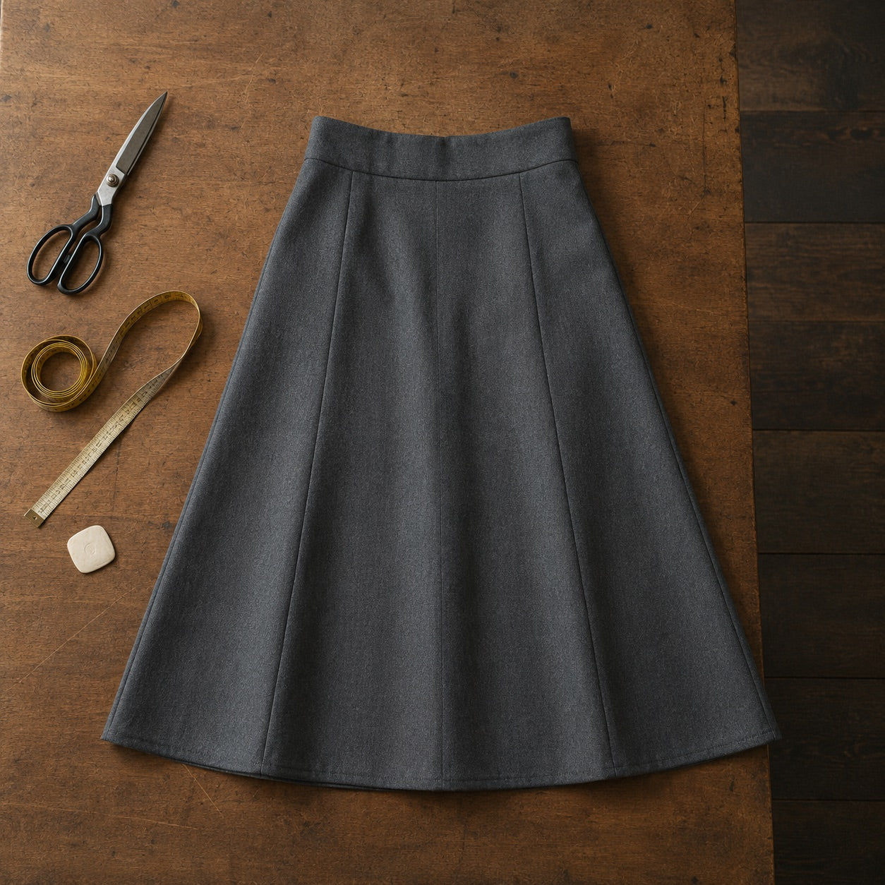 Chiltern A-line midi skirt — Tailored Skirts by CROWN TAILORING. flat lay, front.