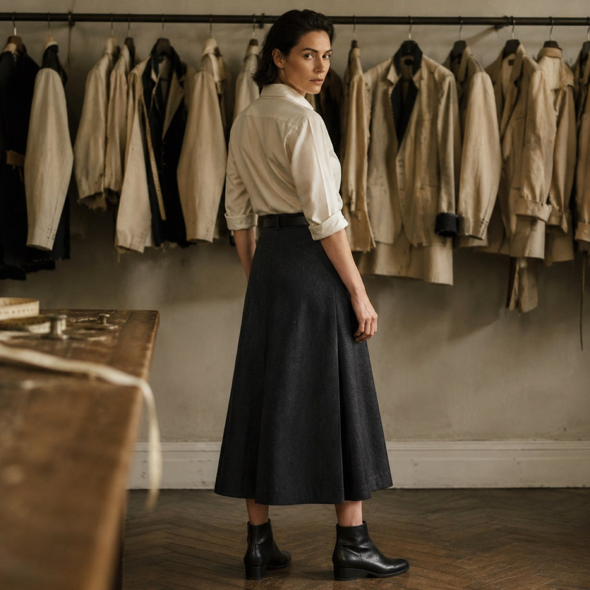 Chiltern A-line midi skirt — Tailored Skirts by CROWN TAILORING. shown on the model from the side.