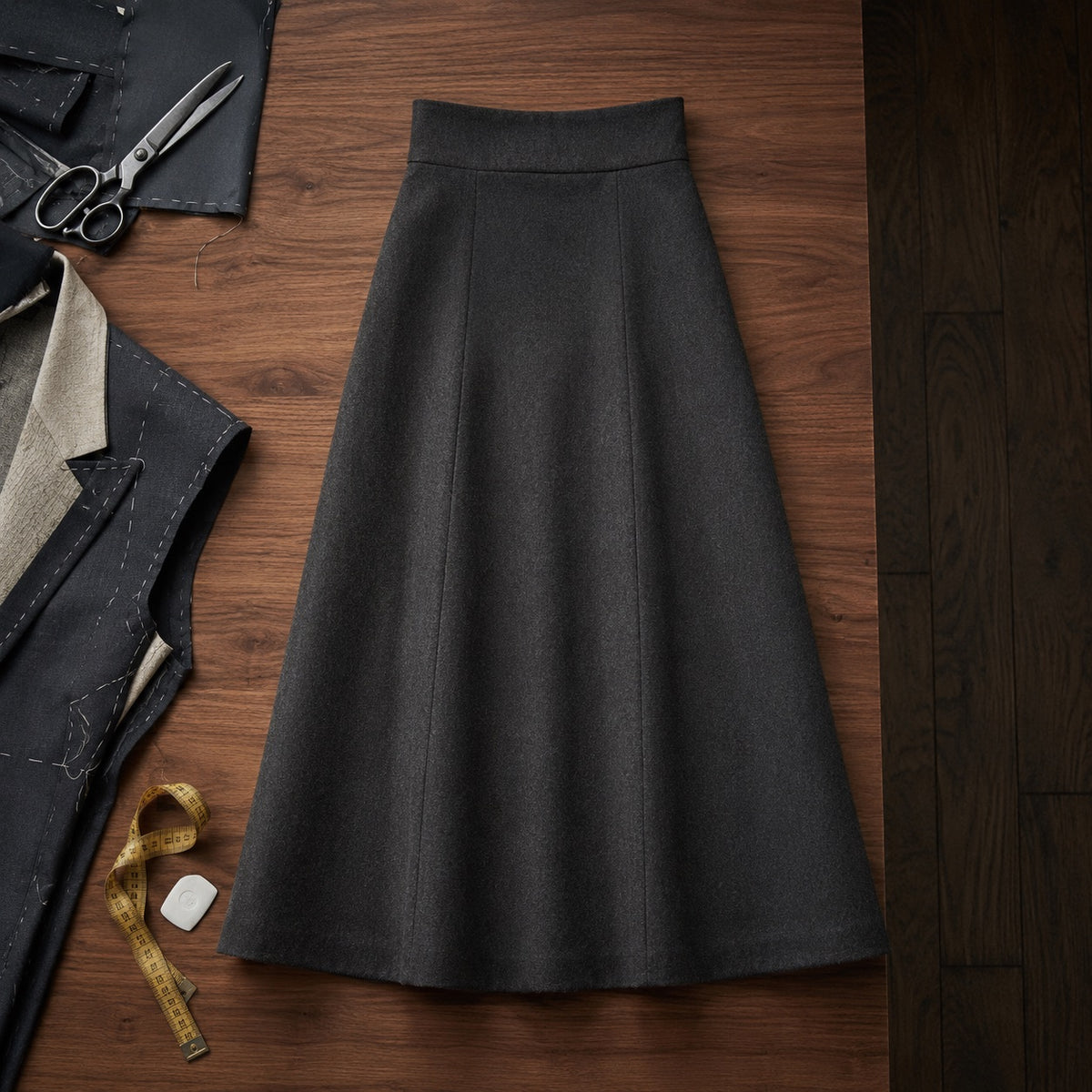 Clerkenwell A-line midi skirt — Tailored Skirts by CROWN TAILORING. flat lay, front.