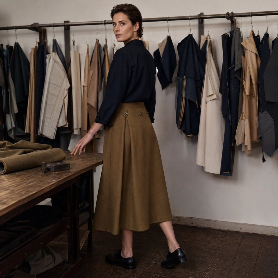 Clerkenwell A-line midi skirt — Tailored Skirts by CROWN TAILORING. shown worn.