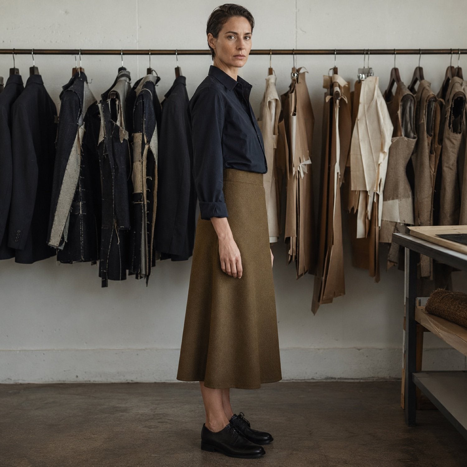 Clerkenwell A-line midi skirt — Tailored Skirts by CROWN TAILORING. shown on the model from the side.