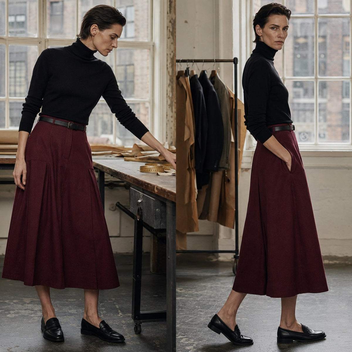 Pimlico A-line midi skirt — Tailored Skirts by CROWN TAILORING. shown on the model from the side.