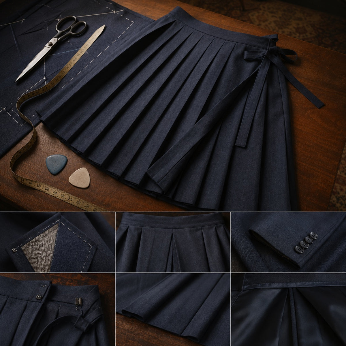 Pimlico box-pleated wrap skirt — Tailored Skirts by CROWN TAILORING. close detail of the fabric and finish.