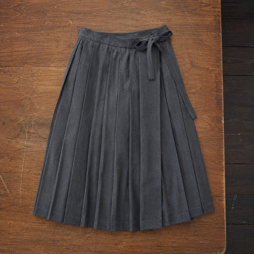 Pimlico box-pleated wrap skirt — Tailored Skirts by CROWN TAILORING. flat lay, front.