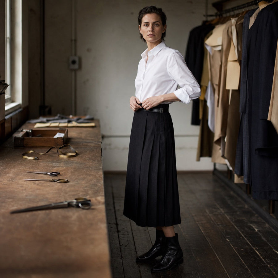 Pimlico box-pleated wrap skirt — Tailored Skirts by CROWN TAILORING. shown worn.